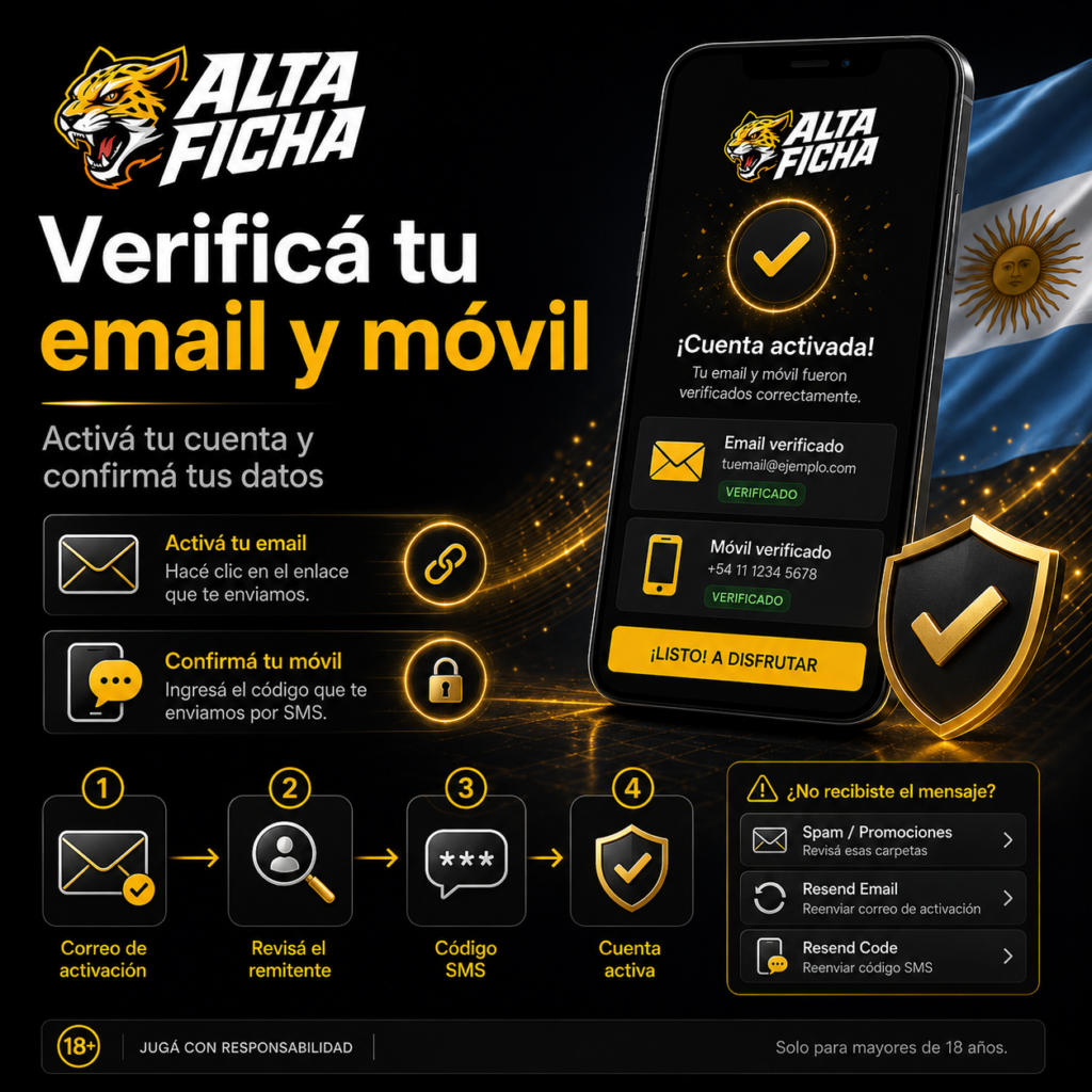 Confirmación del correo electrónico y número de móvil para activar una cuenta de Altaficha