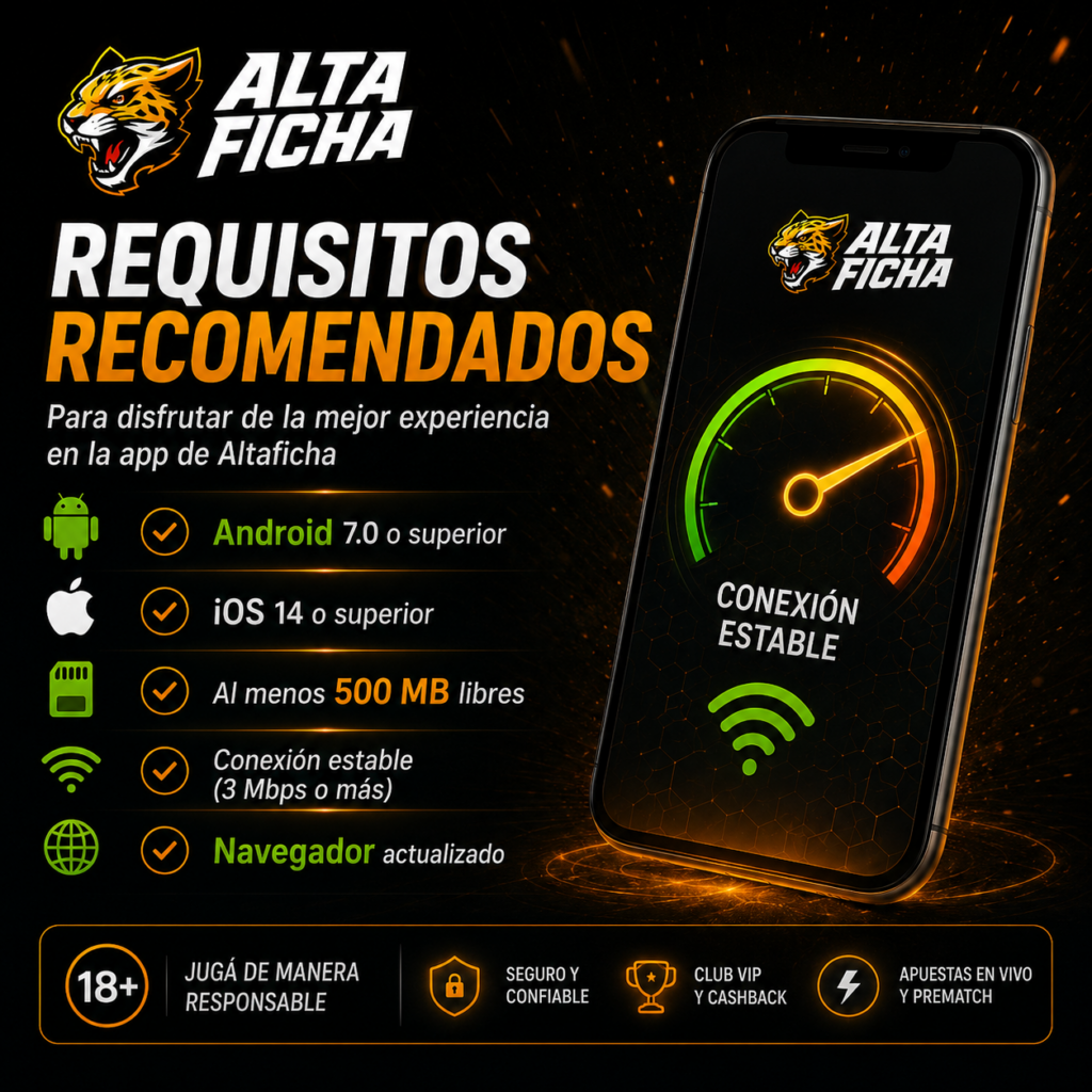 Requisitos recomendados de Android, iOS, espacio libre y conexión para Altaficha