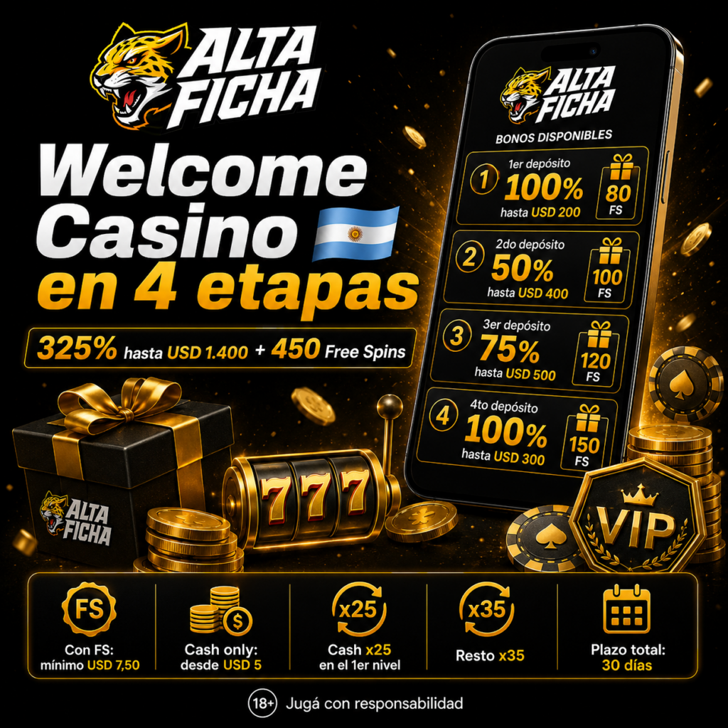 Bono Welcome Casino de Altaficha con 325% hasta USD 1.400 y 450 free spins en cuatro depósitos