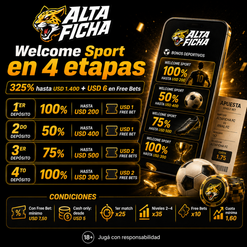 Bono deportivo de Altaficha con 325% hasta USD 1.400 y USD 6 en free bets