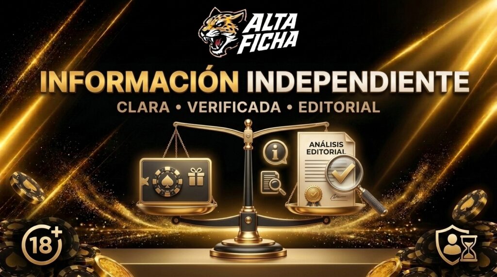 Banner de información independiente de Altaficha con logo oficial, balanza, tarjeta promocional, documento verificado y lupa