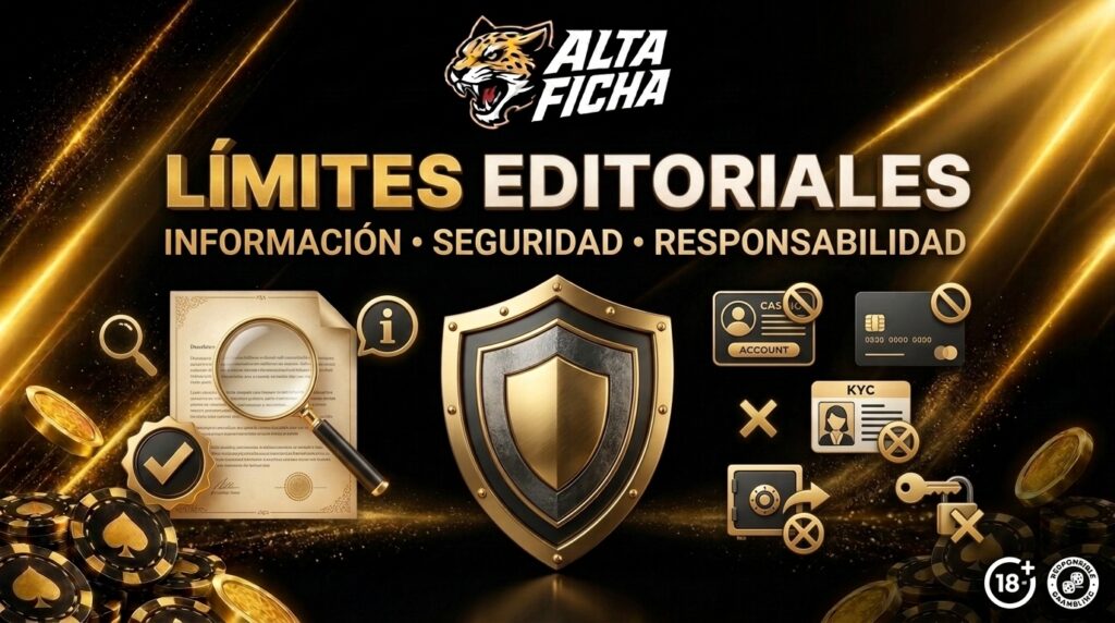 Banner de límites editoriales de Altaficha con logo oficial, escudo protector, iconos de cuenta y pagos bloqueados, documento KYC y símbolo 18+