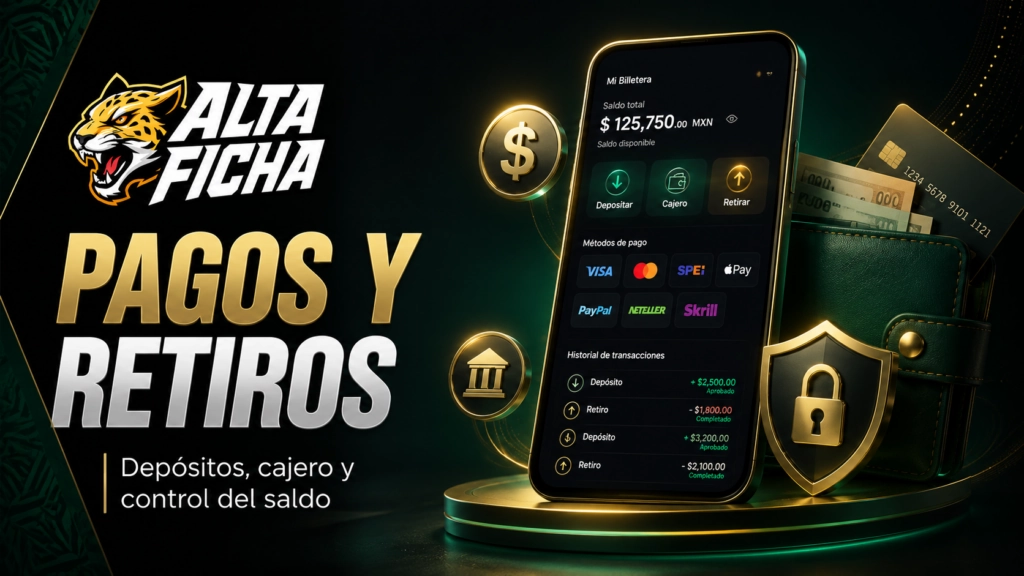 Pagos y retiros en Altaficha con cajero, métodos de depósito, saldo, transacciones y protección de cuenta