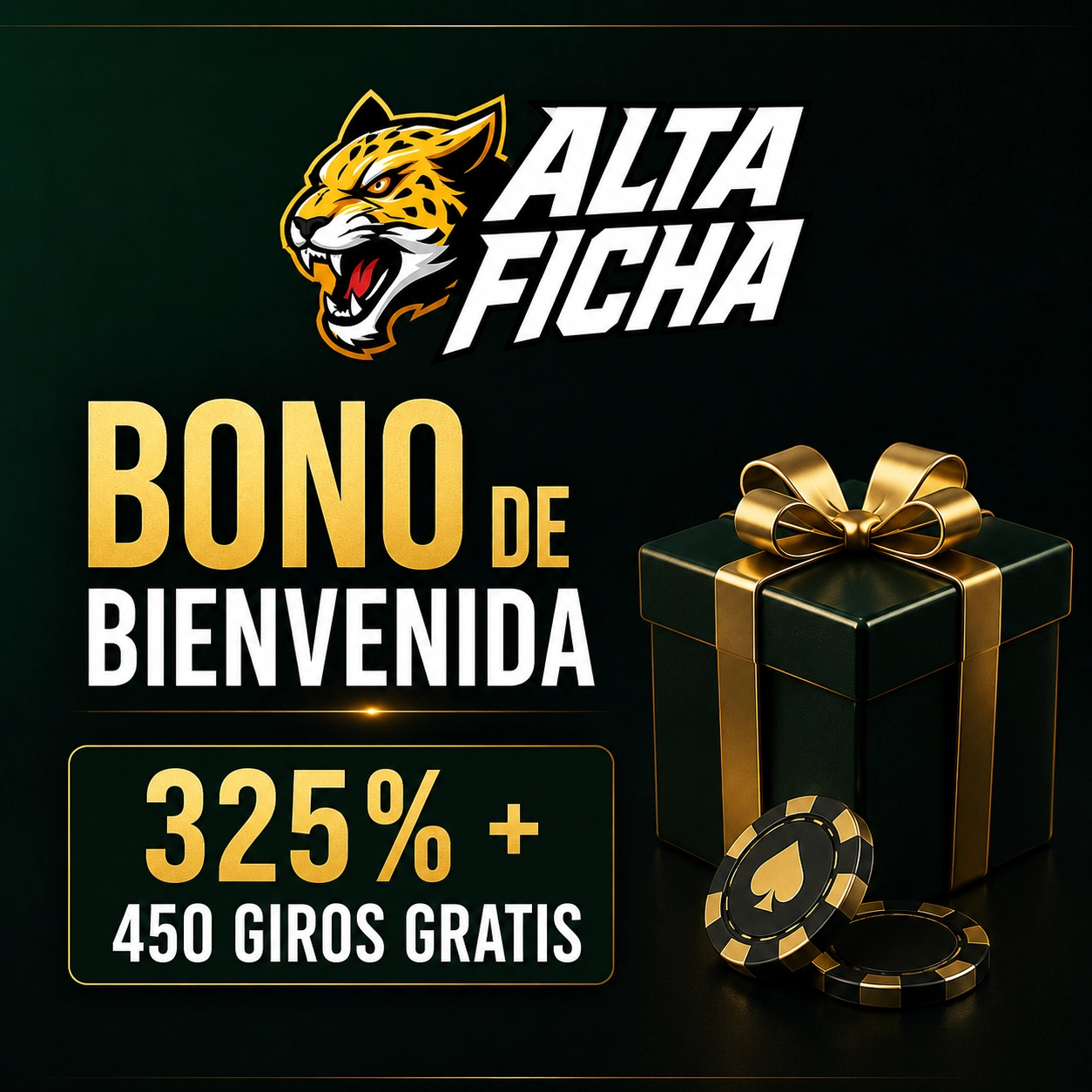 Banner cuadrado de Altaficha con bono de bienvenida del 325 por ciento y 450 giros gratis
