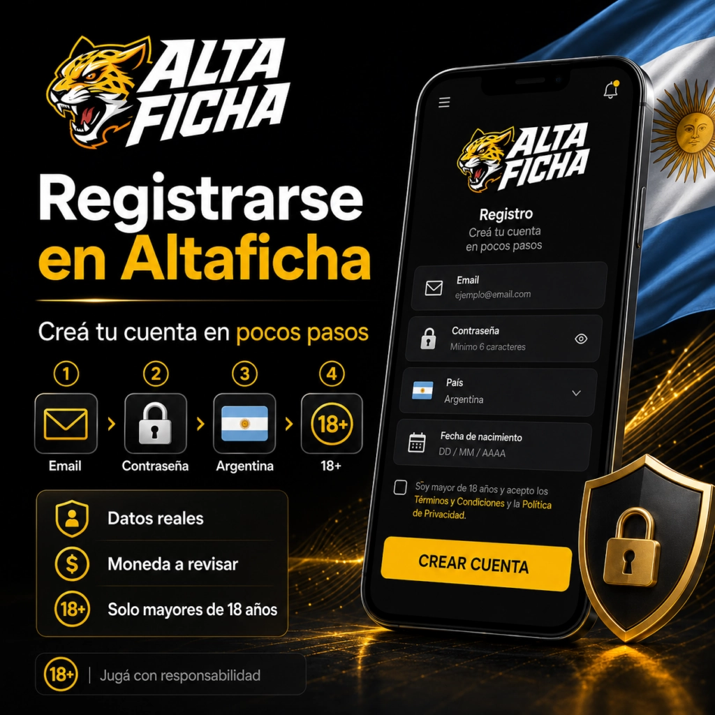 Formulario para registrarse en Altaficha con email, contraseña, país y confirmación de mayoría de edad